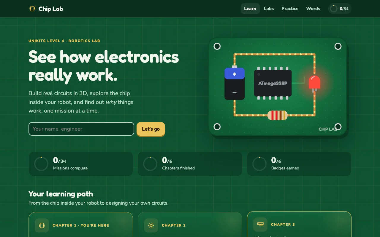 Chip Lab, built for one young engineer: missions matched to his robotics kit