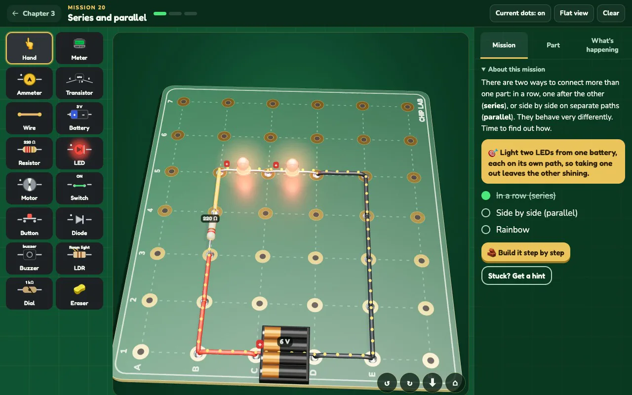 A real circuit simulator: wire it right and the LEDs light up