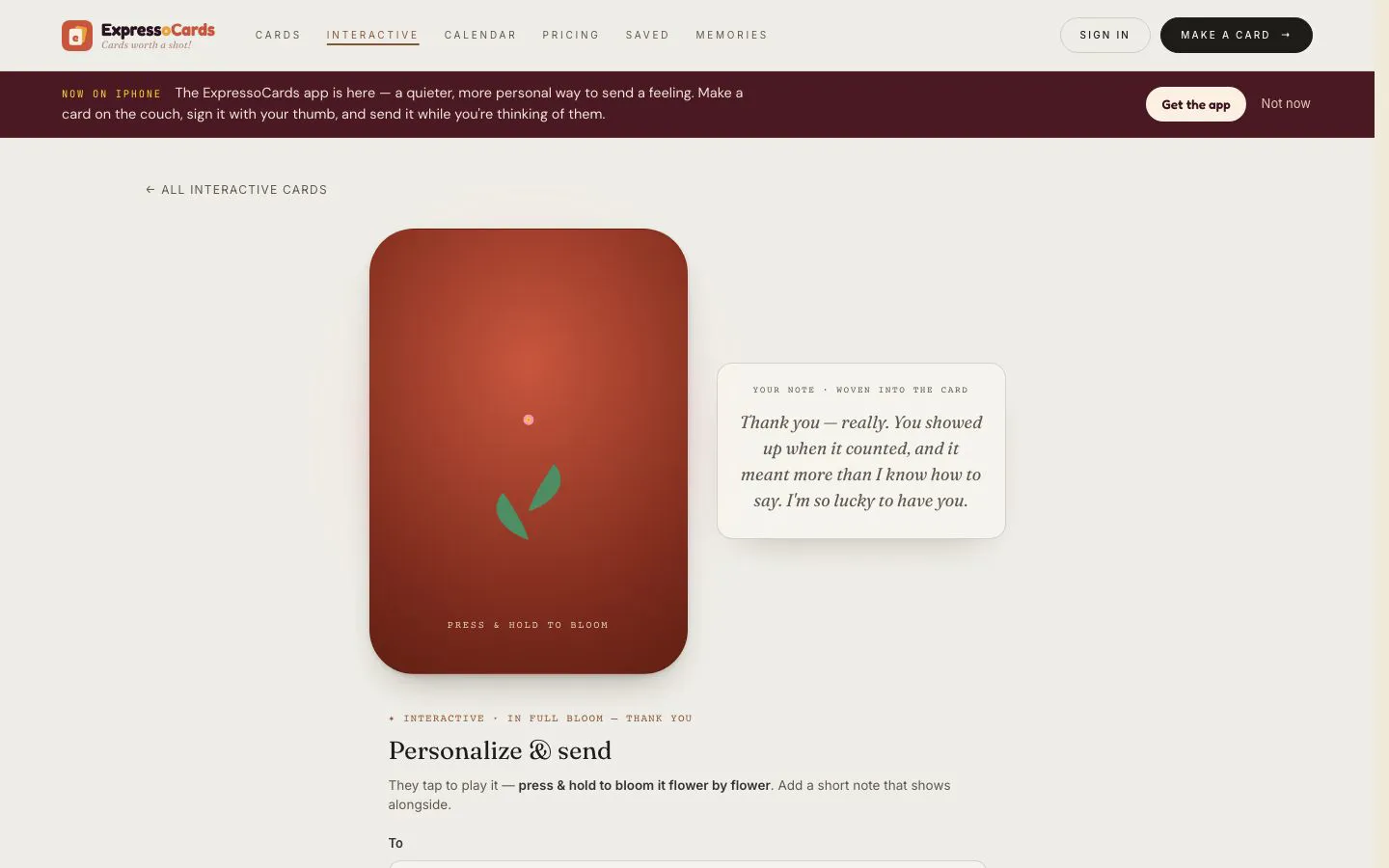 Interactive cards: press and hold to bloom