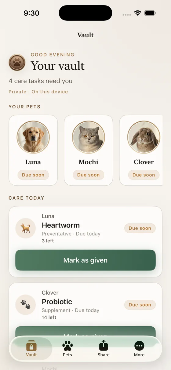 The vault: today’s care tasks for every pet