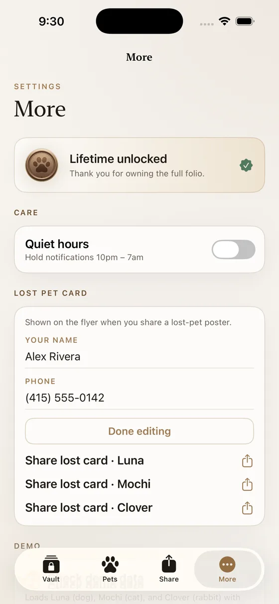 Lifetime unlock, quiet hours and a lost-pet card